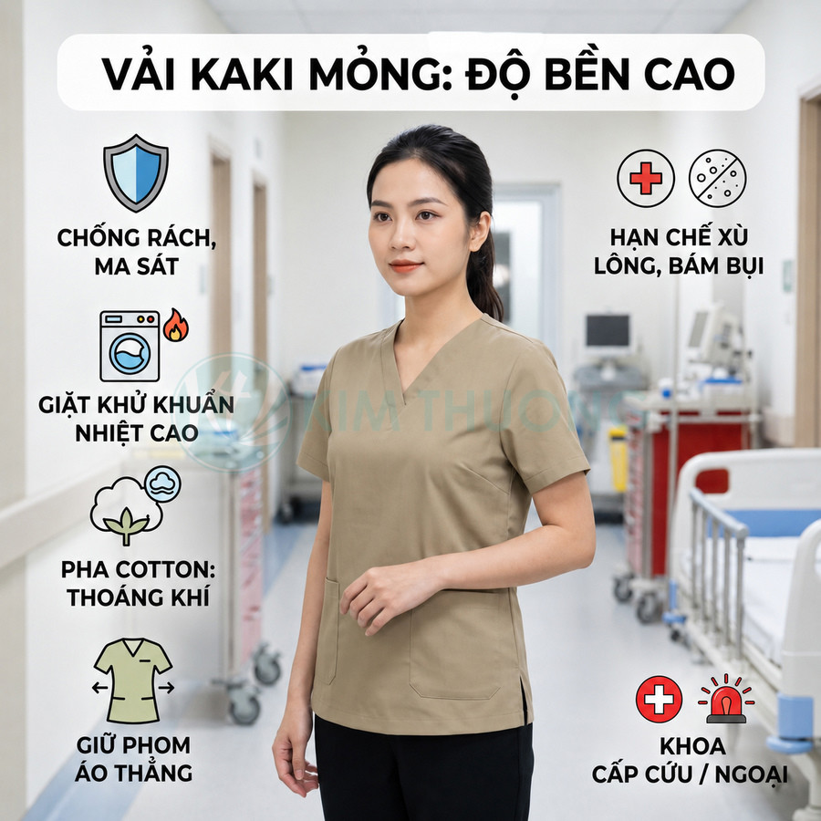 Nữ nhân viên y tế mặc áo scrub kaki mỏng màu be, dáng suông, đứng trong hành lang bệnh viện