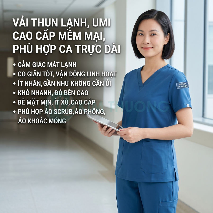 Nữ nhân viên y tế mặc bộ đồ scrub xanh chất liệu thun lạnh umi cao cấp, cầm tablet trong hành lang bệnh viện