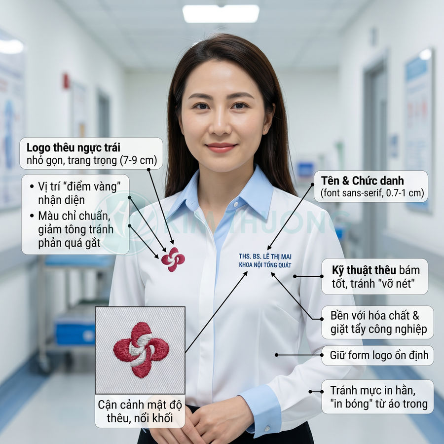Áo sơ mi đồng phục bác sĩ nữ thêu logo ngực trái và tên chức danh màu xanh trong bệnh viện