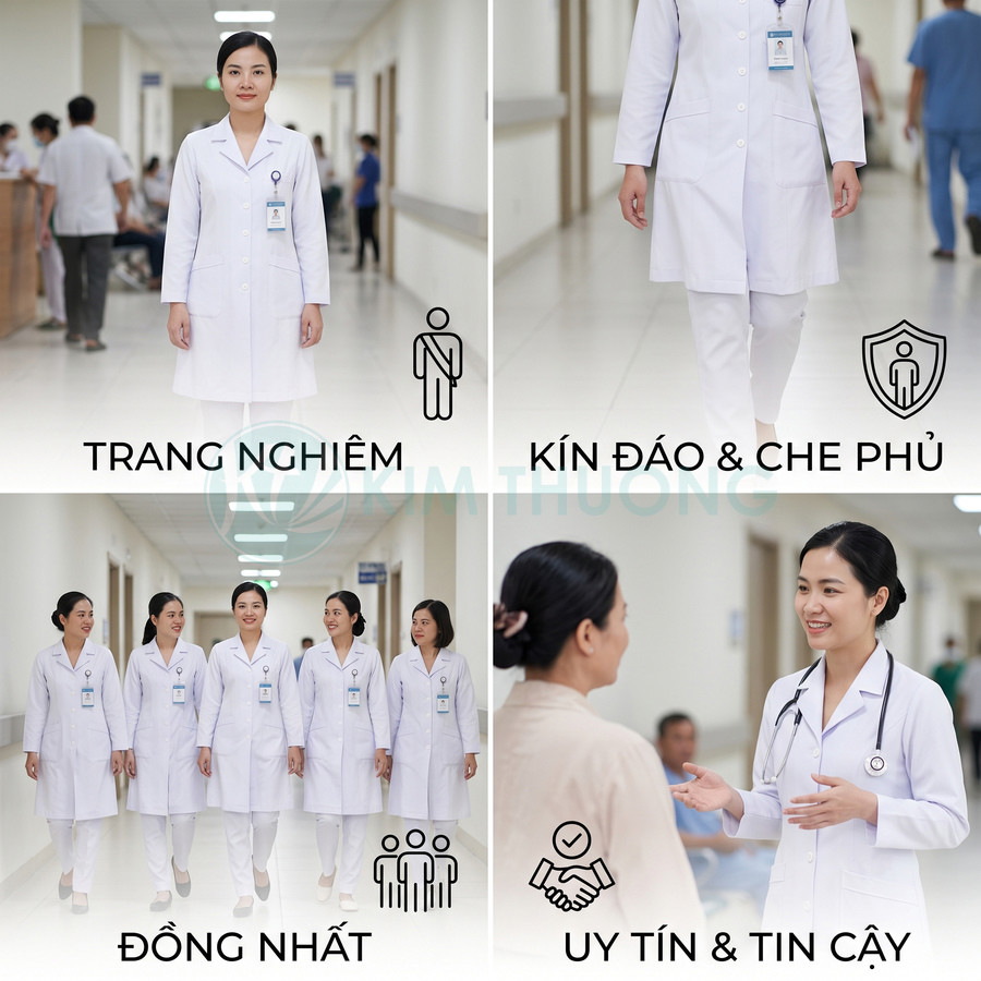 Đồng phục bác sĩ nữ áo blouse trắng dài tay chuyên nghiệp trong bệnh viện hiện đại