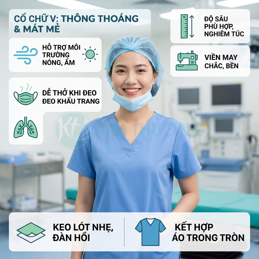 Nữ y tá mặc đồng phục y tế cổ chữ V màu xanh, chất liệu thoáng mát, viền may chắc bền trong phòng khám