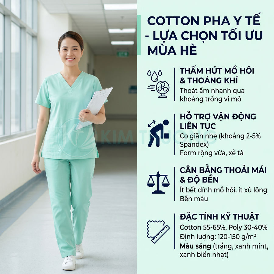 Đồng phục y tá cotton pha màu xanh mint thoáng mát, thấm hút mồ hôi, phù hợp mặc mùa hè trong bệnh viện
