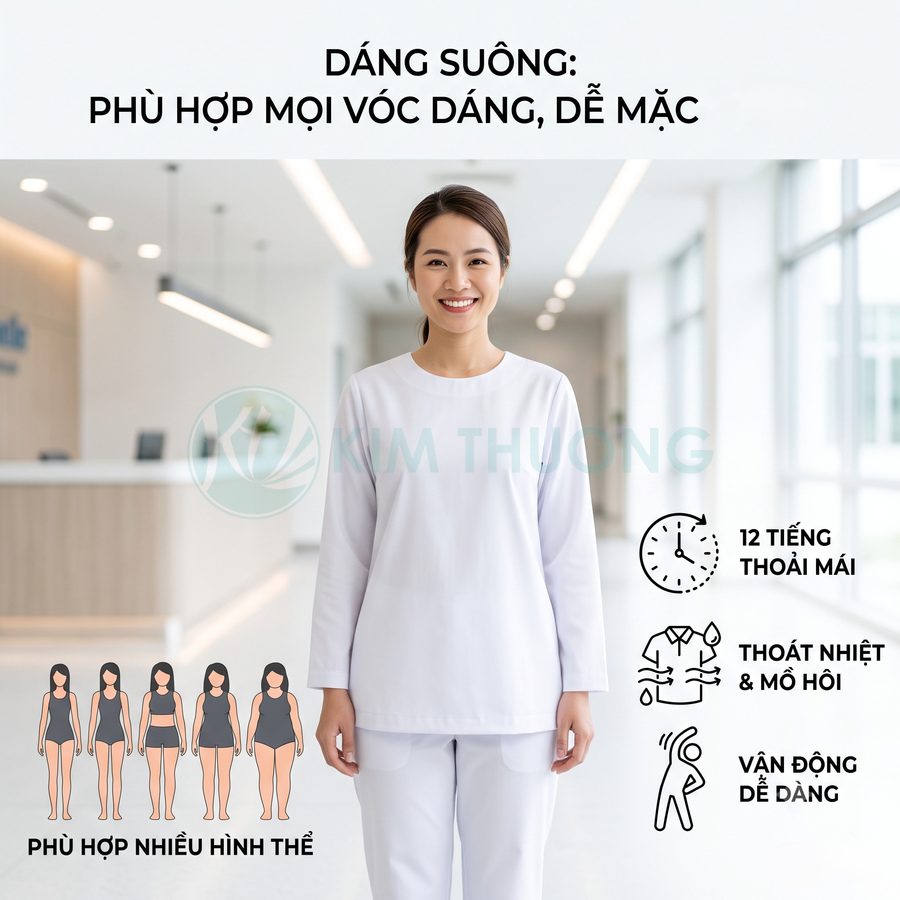 Đồng phục y tá dáng suông màu trắng, tay dài, thoải mái, phù hợp nhiều vóc dáng trong môi trường bệnh viện