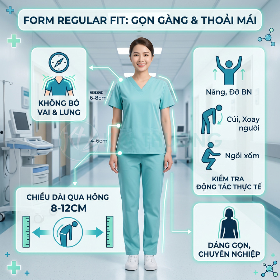 Đồng phục y tá màu xanh form regular fit gọn gàng thoải mái trong hành lang bệnh viện