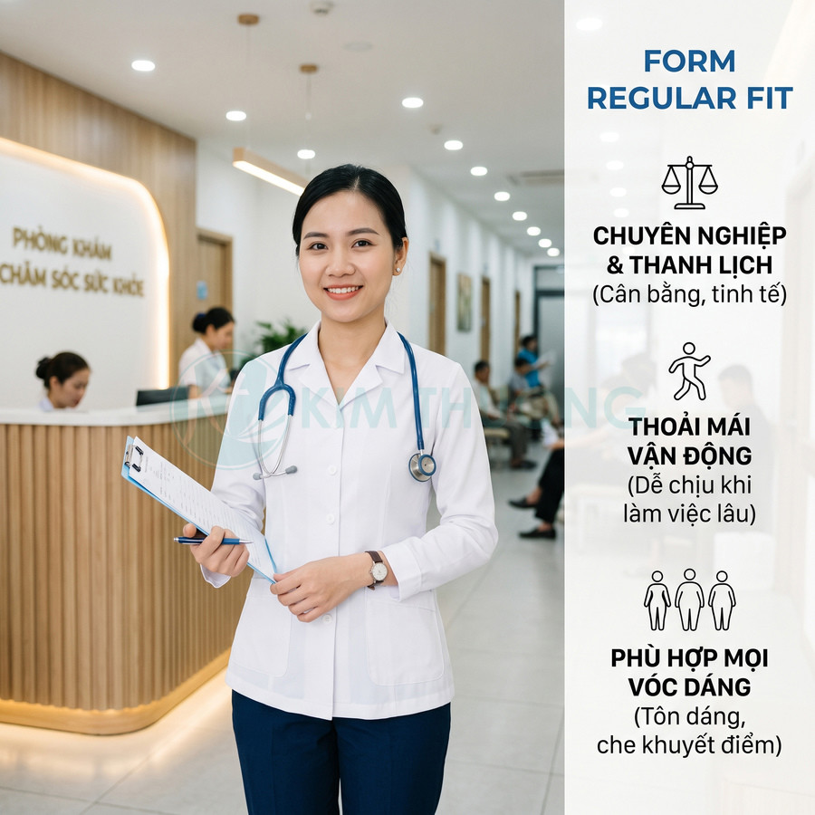 Đồng phục bác sĩ nữ form regular fit màu trắng xanh, thiết kế chuyên nghiệp thoải mái cho phòng khám chăm sóc sức khỏe