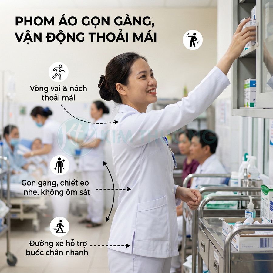 Đồng phục y tá nữ phom áo gọn gàng, thoải mái vận động trong bệnh viện