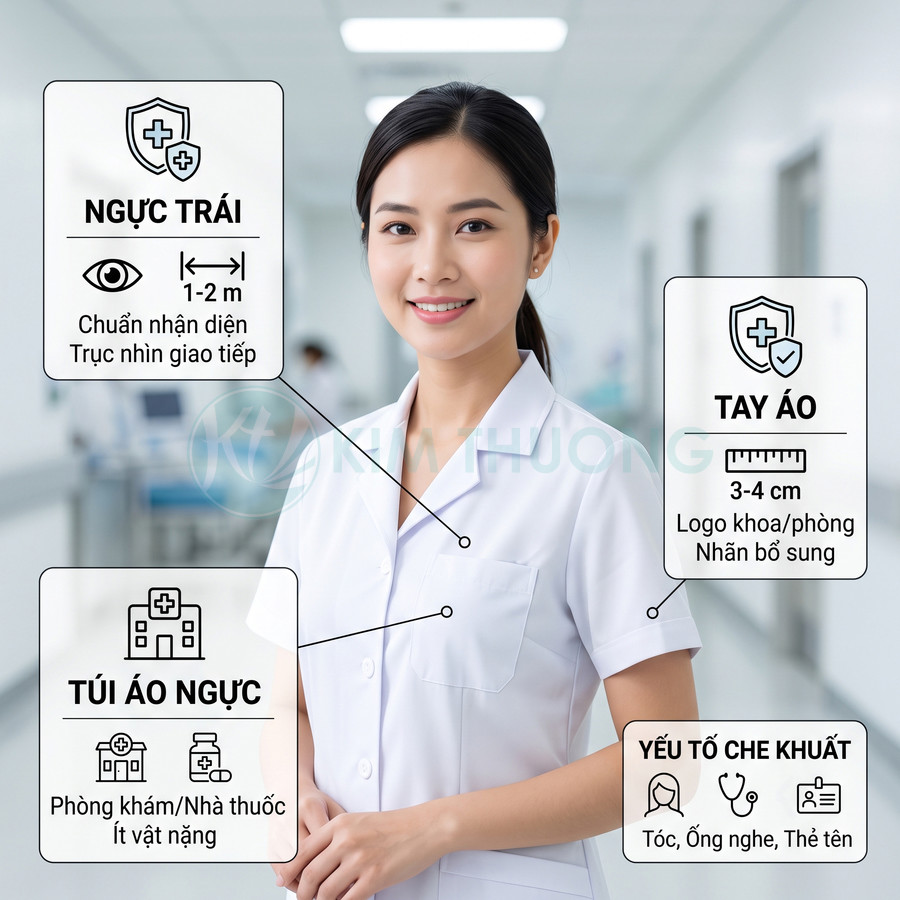 Nữ nhân viên y tế mặc áo blouse trắng đứng trong hành lang bệnh viện, minh họa vị trí gắn bảng tên
