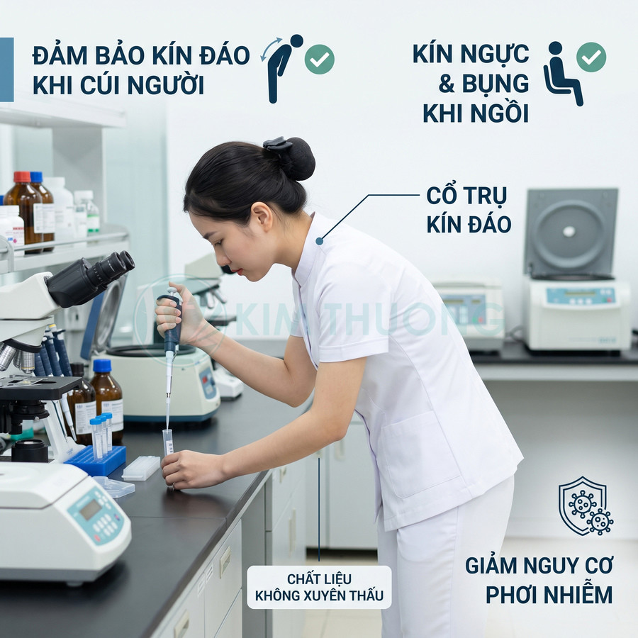 Nữ kỹ thuật viên mặc đồng phục y tế trắng kín đáo, chất liệu không xuyên thấu, làm việc trong phòng thí nghiệm