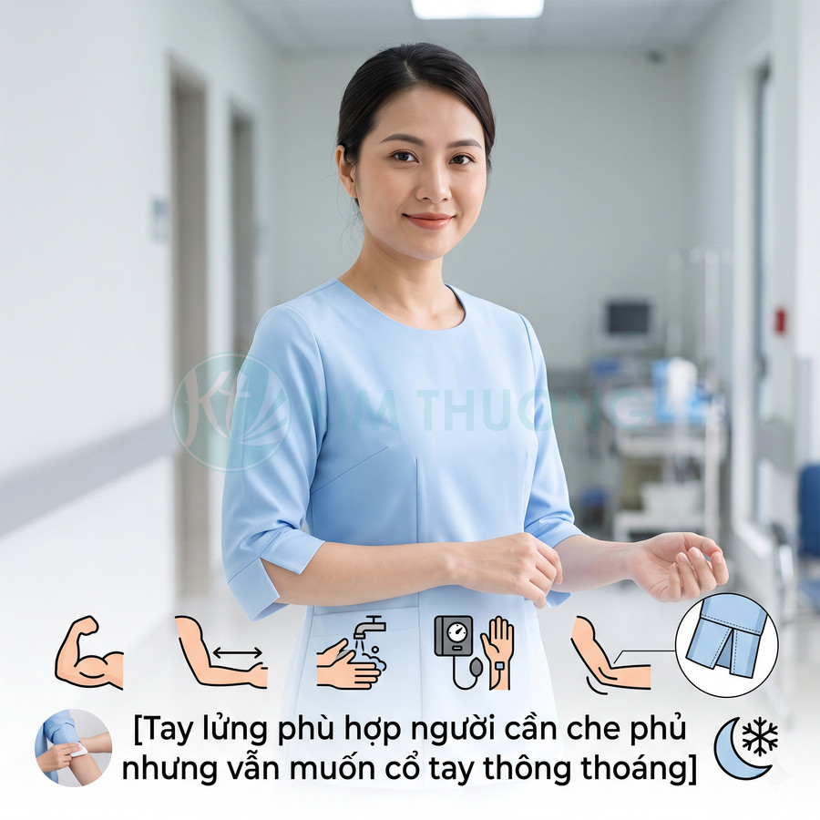 Đồng phục y tá tay lửng màu xanh nhạt thiết kế kín đáo, thoáng mát trong môi trường bệnh viện