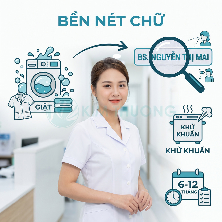 Nữ nhân viên y tế mặc áo blouse trắng đứng trong phòng khám, minh họa áo bền nét chữ sau giặt và khử khuẩn