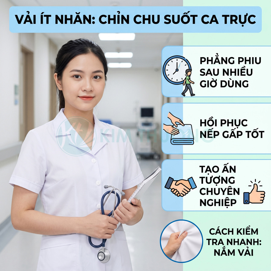 Nữ y tá mặc đồng phục blouse trắng ít nhăn cầm ống nghe và sổ tay trong hành lang bệnh viện