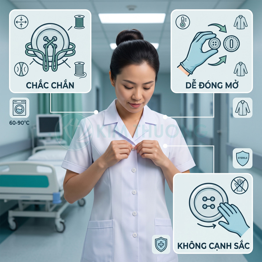 Nữ y tá cài cúc áo blouse trắng trong bệnh viện, minh họa cúc áo chắc chắn dễ đóng mở và an toàn khi sử dụng