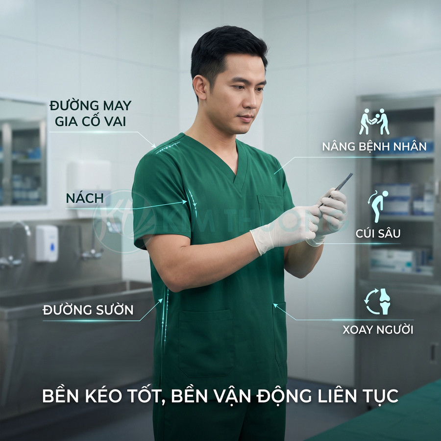 Bác sĩ mặc đồng phục phẫu thuật màu xanh lá, chất liệu co giãn tốt, phù hợp vận động liên tục trong phòng mổ