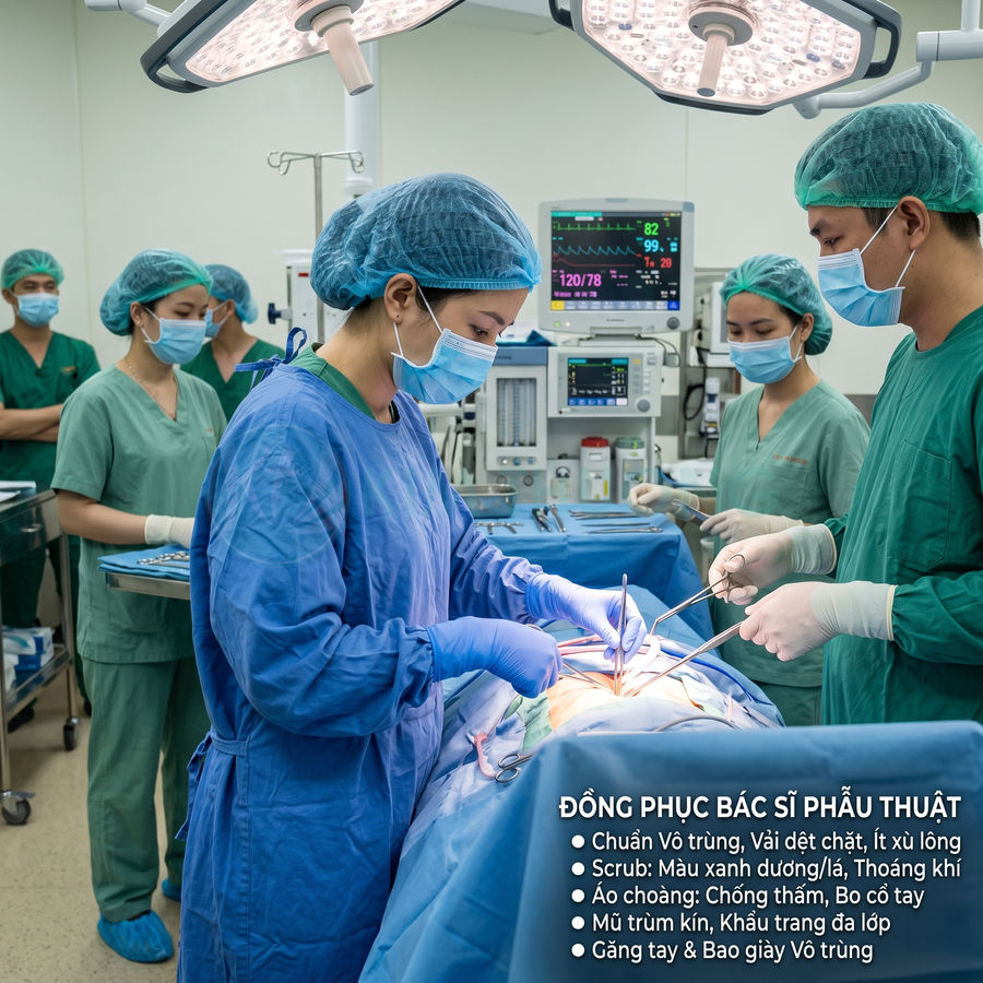 Đồng phục bác sĩ phẫu thuật vô trùng gồm áo choàng xanh, mũ trùm, khẩu trang, găng tay trong phòng mổ