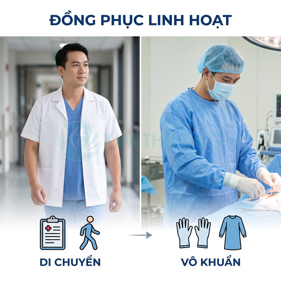 Đồng phục bác sĩ linh hoạt từ áo blouse di chuyển đến trang phục phẫu thuật vô khuẩn trong phòng mổ