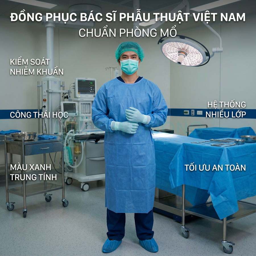 Bác sĩ phẫu thuật Việt Nam mặc đầy đủ đồ bảo hộ màu xanh trong phòng mổ hiện đại