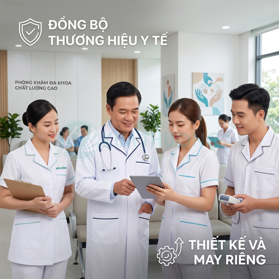 Đội ngũ bác sĩ y tá mặc đồng phục y tế trắng thiết kế riêng đang trao đổi trong phòng khám