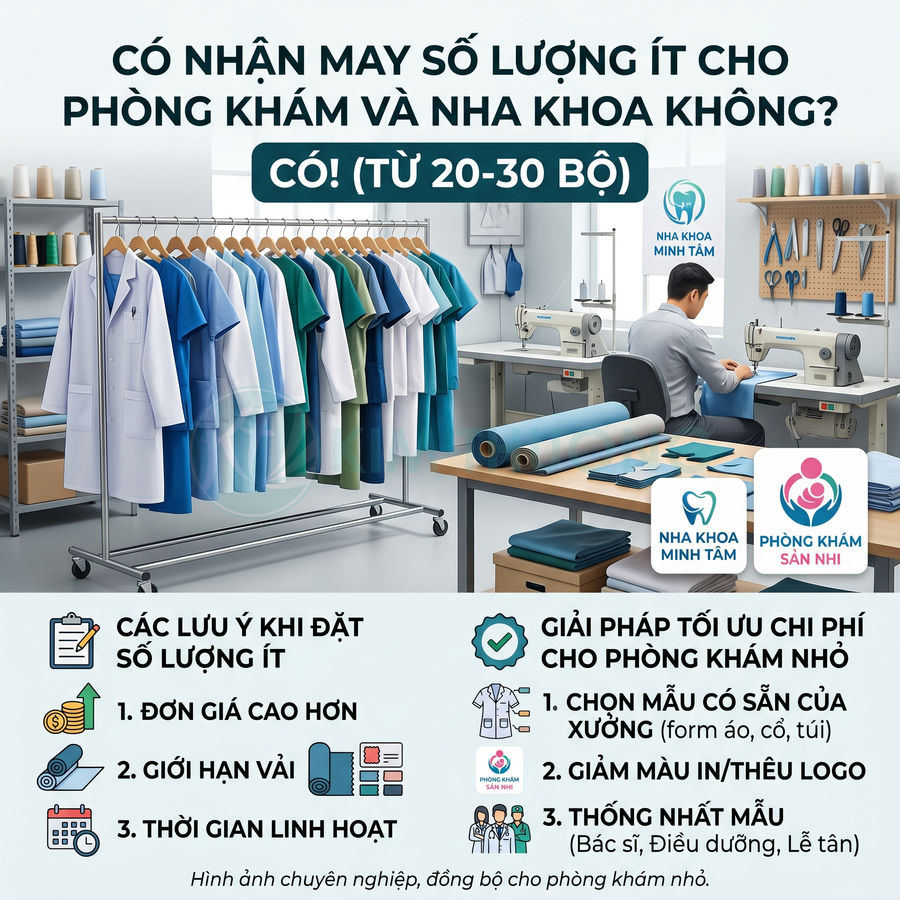 Xưởng may đồng phục y tế số lượng ít với nhiều mẫu áo blouse và scrub cho phòng khám và nha khoa