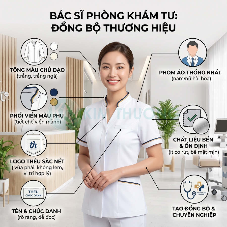 Đồng phục bác sĩ phòng khám tư màu trắng viền xanh vàng, logo thêu sắc nét, chất liệu bền đẹp, phong cách chuyên nghiệp