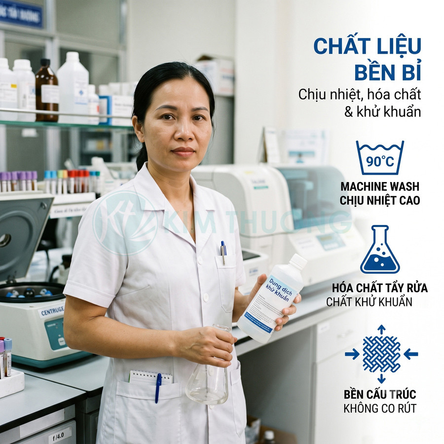 Nhân viên phòng thí nghiệm mặc áo blouse trắng cầm chai dung dịch khử khuẩn và bình tam giác trong phòng xét nghiệm