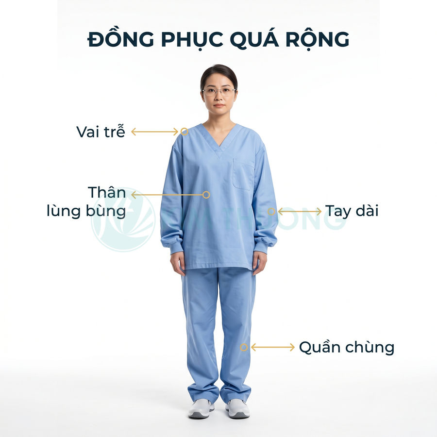 Đồng phục y tế màu xanh quá rộng với vai trễ tay dài thân lùng bùng và quần chùng