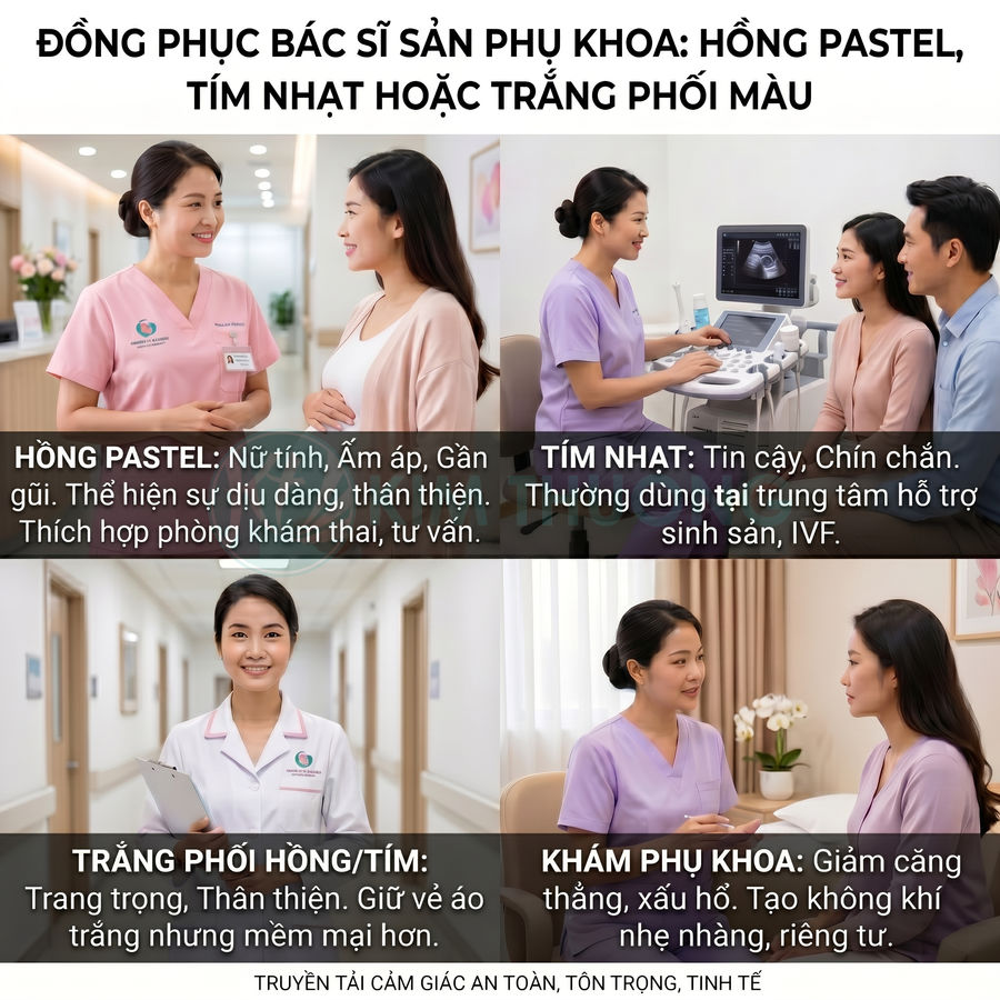 Đồng phục bác sĩ sản phụ khoa màu hồng pastel tím nhạt trắng phối màu tư vấn khám cho bệnh nhân nữ