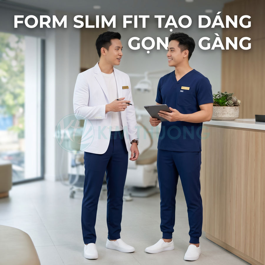 Đồng phục y tế nam form slim fit màu xanh navy, áo blouse trắng, quần jogger, giày slip on trắng trong phòng khám