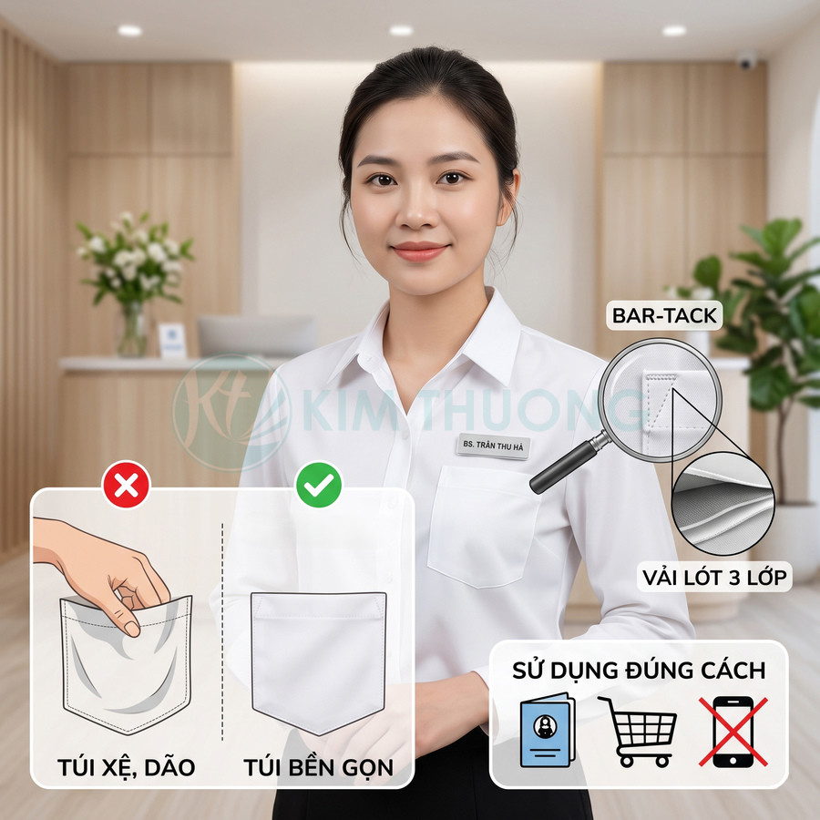 Áo blouse bác sĩ nữ trắng túi ngực may bar tacks vải lót 3 lớp chống xệ gọn gàng trong phòng khám
