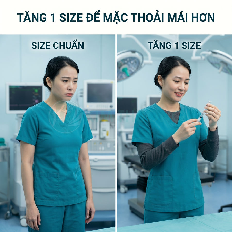 Nữ nhân viên y tế so sánh bộ đồ scrub size chuẩn và tăng 1 size để mặc thoải mái hơn trong phòng mổ