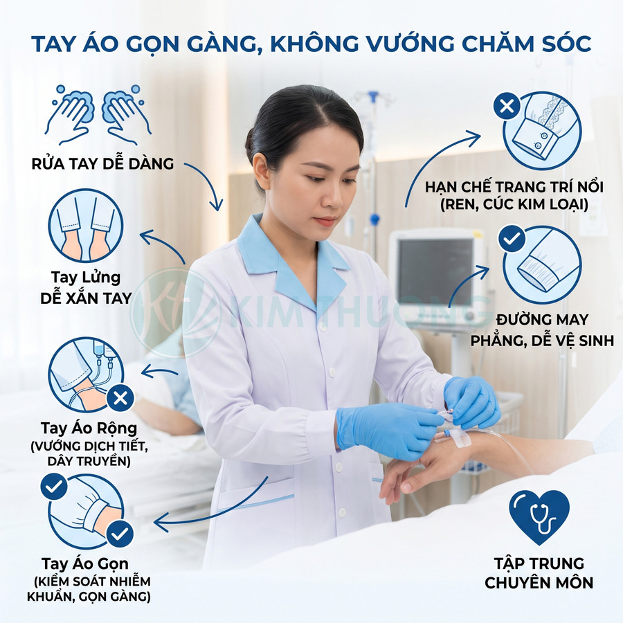 Điều dưỡng mặc áo blouse tay gọn màu trắng xanh đang chăm sóc bệnh nhân trong phòng bệnh sạch sẽ