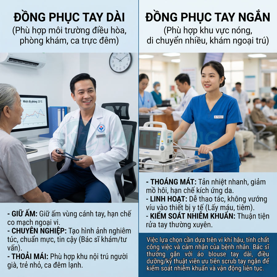 Bác sĩ mặc áo blouse tay dài và điều dưỡng mặc đồng phục y tế tay ngắn màu xanh trong bệnh viện
