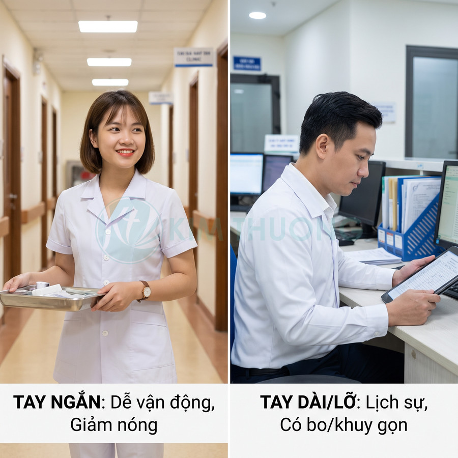 Đồng phục y tá tay ngắn và đồng phục bác sĩ tay dài màu trắng trong bệnh viện
