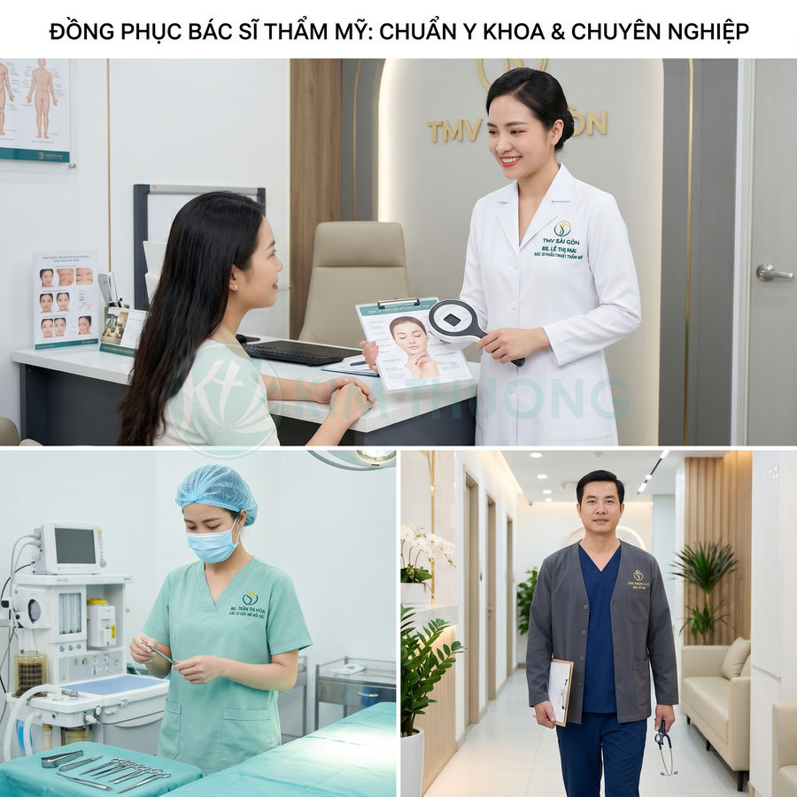 Đồng phục bác sĩ thẩm mỹ chuyên nghiệp trong phòng khám hiện đại, bác sĩ tư vấn và chuẩn bị phẫu thuật