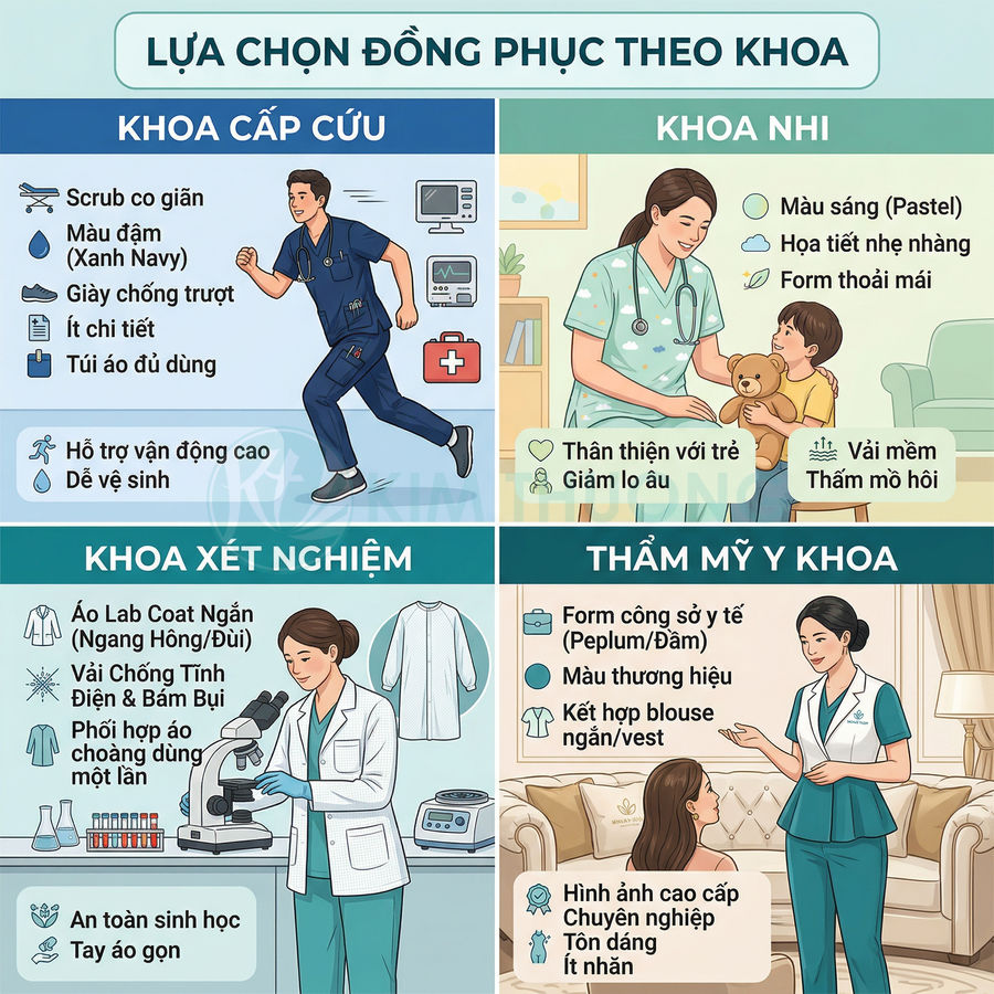 Lựa chọn đồng phục y tế theo khoa với bác sĩ và điều dưỡng mặc scrub, áo blouse, lab coat và vest chuyên nghiệp