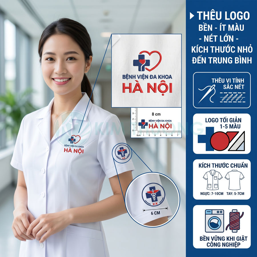 Đồng phục y tá thêu logo Bệnh viện Đa khoa Hà Nội rõ nét trên ngực và tay áo trắng
