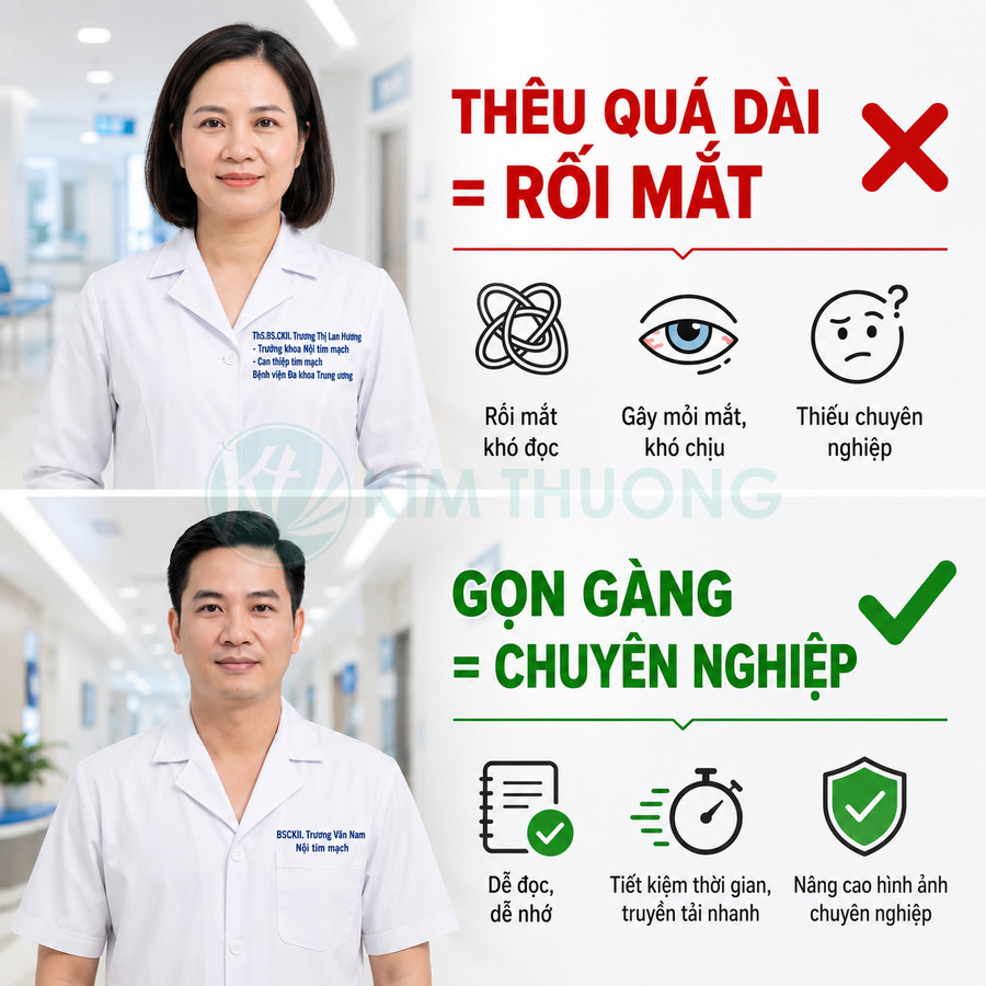So sánh áo blouse thêu tên bác sĩ quá dài và áo blouse thêu gọn gàng chuyên nghiệp trong bệnh viện