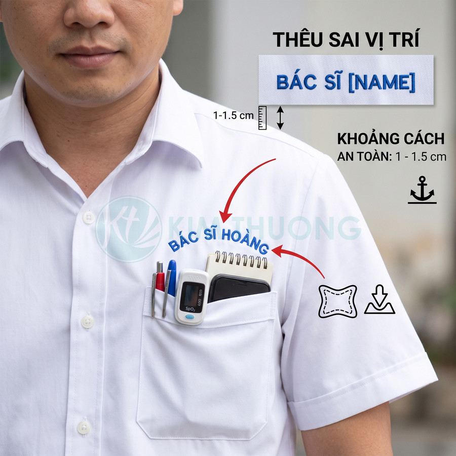 Áo blouse bác sĩ thêu tên Bác sĩ Hoàng sai vị trí phía trên túi ngực chứa bút và máy đo SpO2