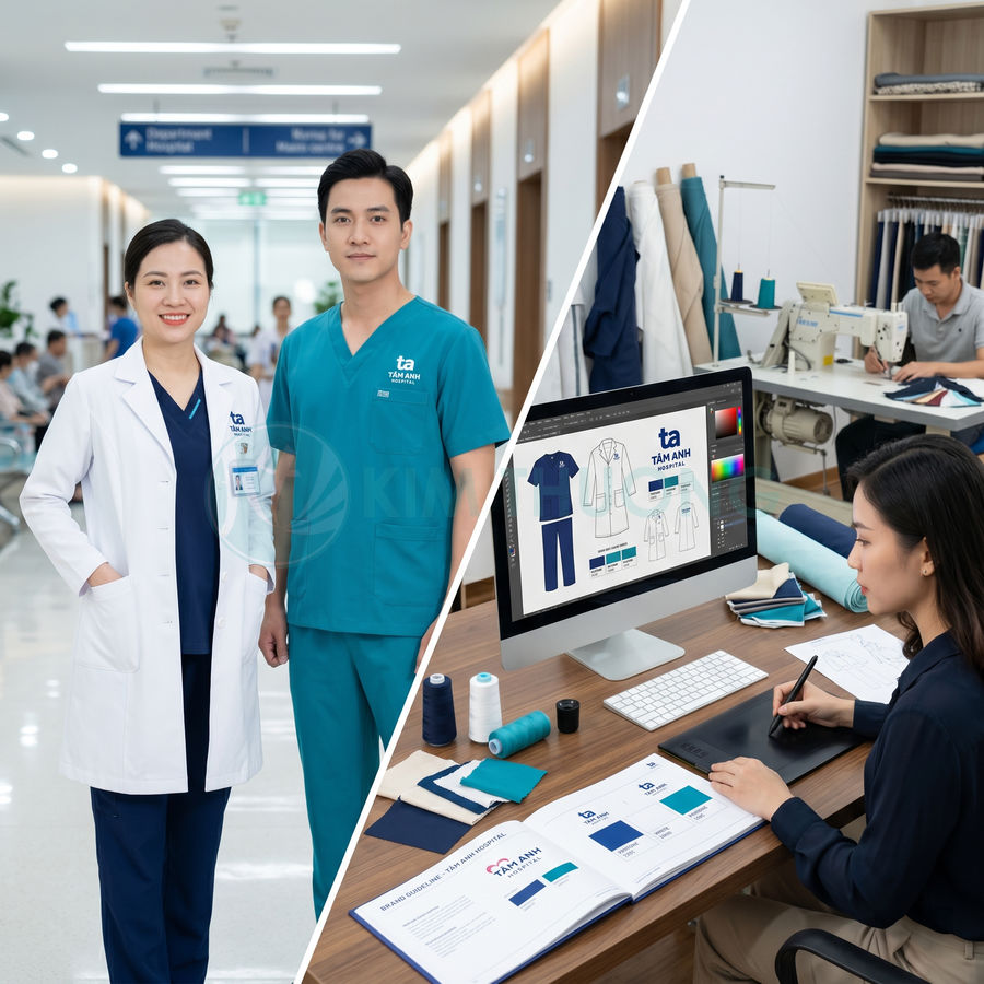 Đồng phục y tế Tâm Anh với bác sĩ mặc áo blouse, điều dưỡng mặc scrub và quy trình thiết kế may đo chuyên nghiệp