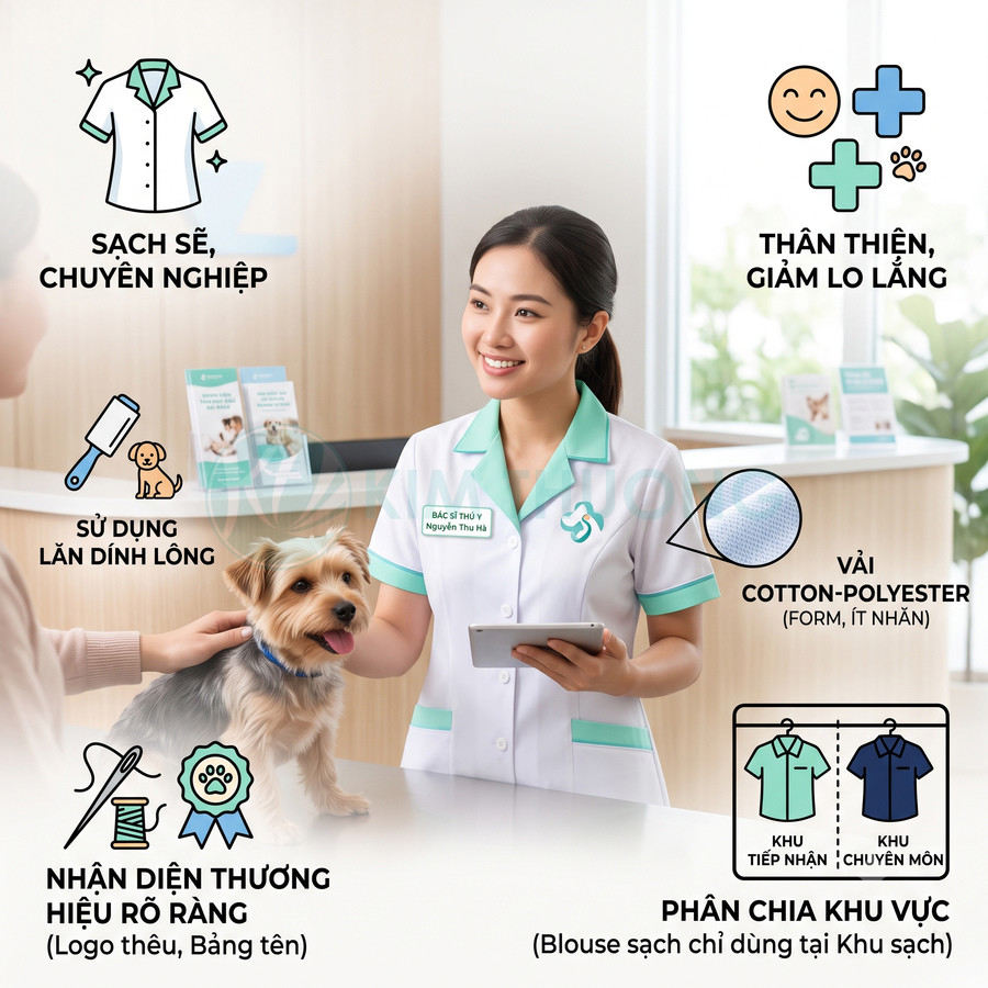 Bác sĩ thú y mặc áo blouse cotton polyester trắng xanh đang khám chó nhỏ tại phòng khám thú y sạch sẽ