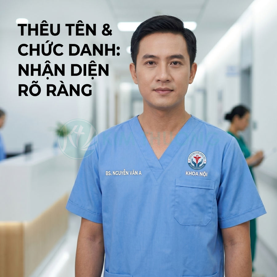 Bác sĩ mặc đồng phục y tế màu xanh thêu tên và chức danh rõ ràng trong hành lang bệnh viện