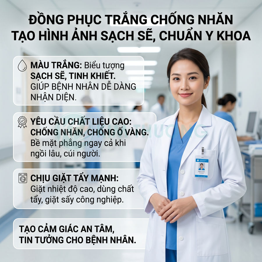 Đồng phục bác sĩ màu trắng chống nhăn, chất liệu cao cấp sạch sẽ chuẩn y khoa trong bệnh viện