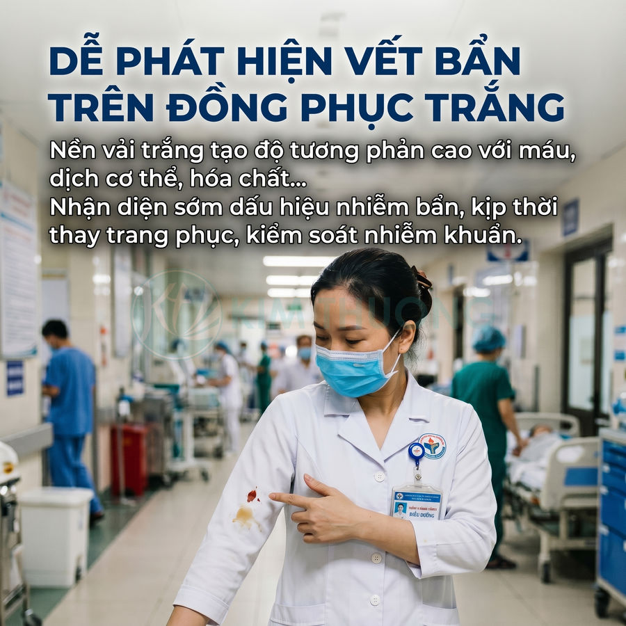 Nữ nhân viên y tế trong bệnh viện chỉ vào vết bẩn trên tay áo áo blouse trắng để nhấn mạnh khả năng phát hiện bẩn