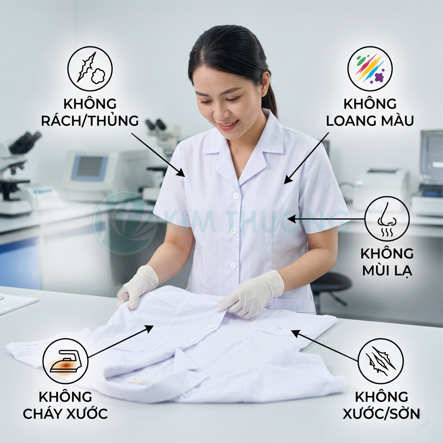 Nhân viên phòng thí nghiệm kiểm tra áo blouse trắng sạch, không rách, không loang màu, không cháy xước, không mùi lạ