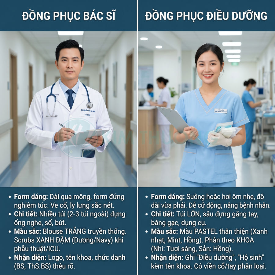 Đồng phục bác sĩ áo blouse trắng và đồng phục điều dưỡng màu xanh pastel trong hành lang bệnh viện