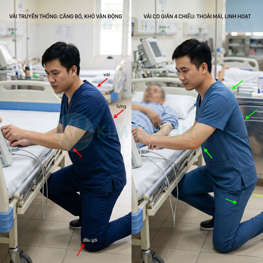 Bộ đồ scrub y tá vải co giãn 4 chiều màu xanh dương giúp nhân viên y tế vận động thoải mái bên giường bệnh
