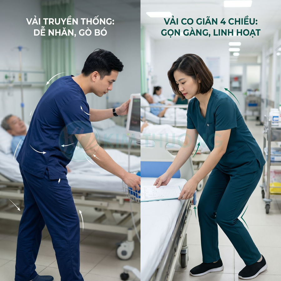 So sánh đồng phục y tá vải truyền thống và vải co giãn 4 chiều trong phòng bệnh viện