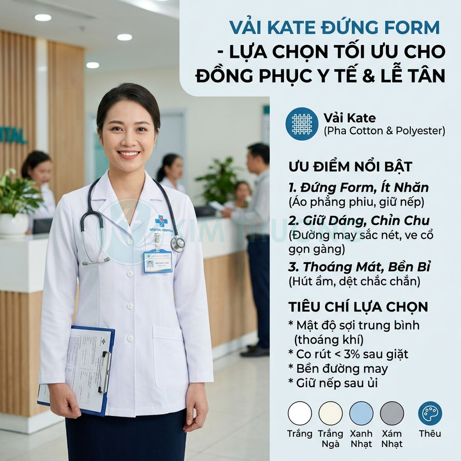 Nữ bác sĩ mặc áo blouse vải kate trắng đứng trong bệnh viện, giới thiệu ưu điểm vải kate cho đồng phục y tế