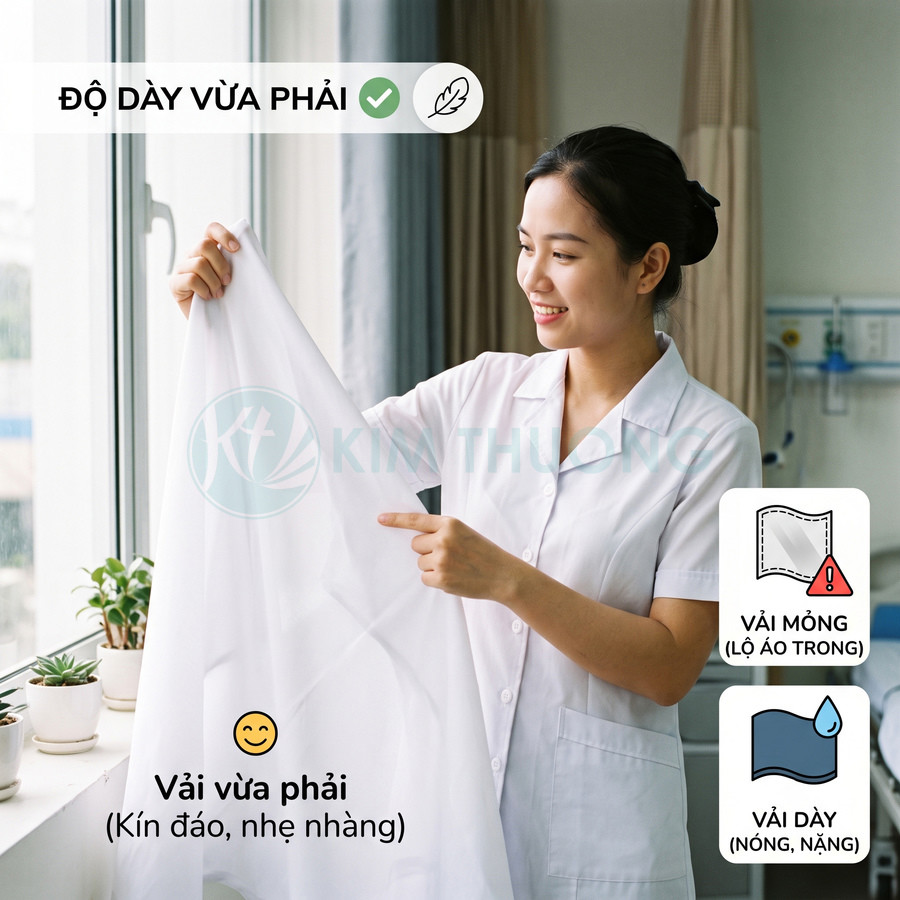 Nữ y tá mặc áo blouse trắng kiểm tra chất liệu vải vừa phải, kín đáo và nhẹ nhàng cạnh cửa sổ