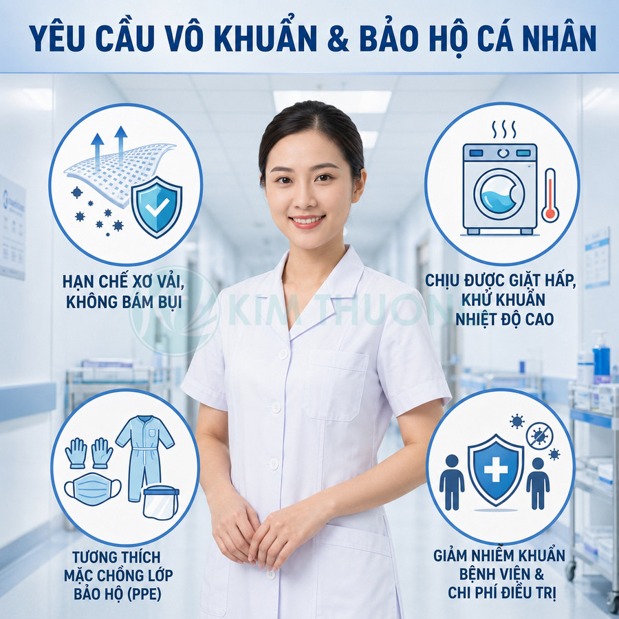 Đồng phục y tá màu trắng đạt yêu cầu vô khuẩn, dễ giặt hấp khử khuẩn và tương thích đồ bảo hộ PPE