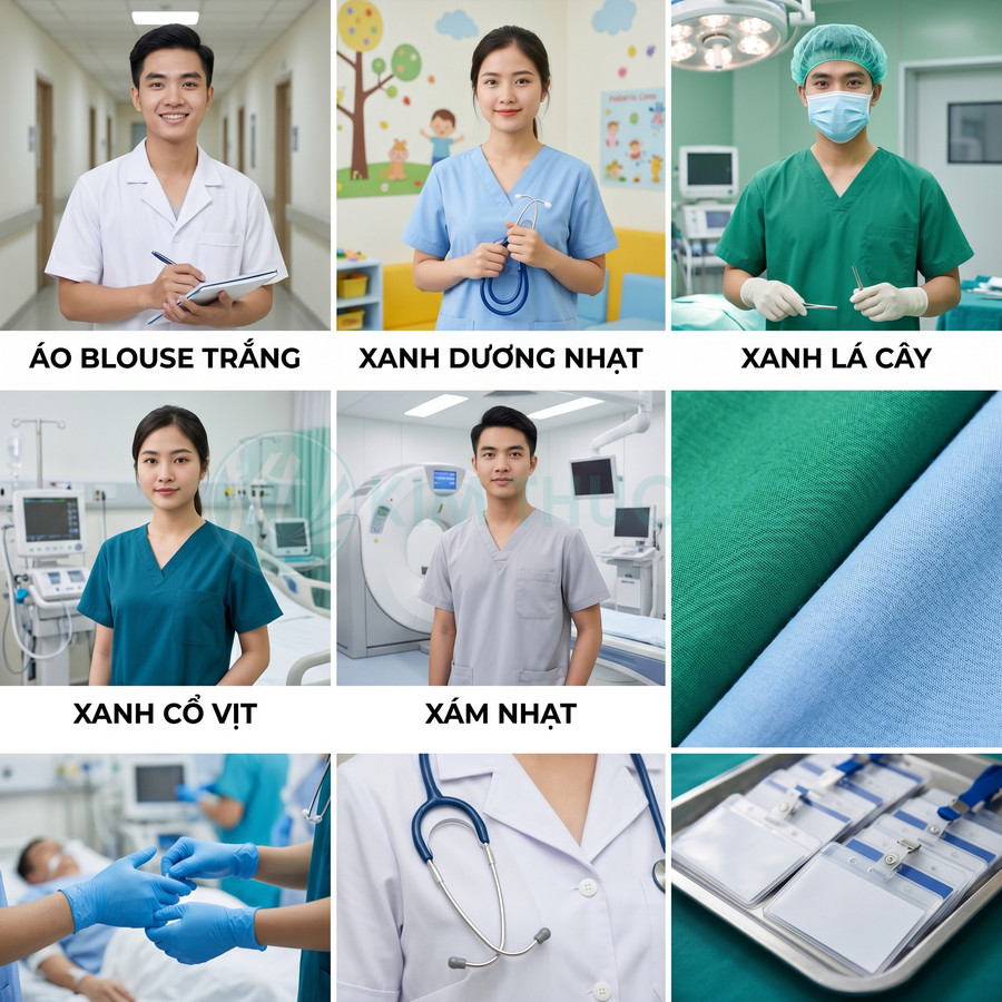 Các mẫu đồng phục y tế nam nữ nhiều màu áo blouse trắng, xanh dương nhạt, xanh lá cây, xanh cổ vịt, xám nhạt